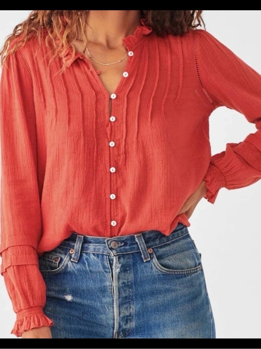 FAHERTY Willa Organic Cotton Blouse in Carmine Red Size XL